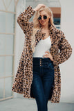 Brown Nottched Lapel Leopard estampado Long Women Faux Fur Coat