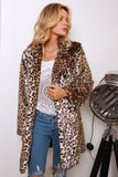 Leopardo marrón estampado solapa con muescas largo piel sintética mujer abrigo
