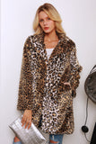 Leopardo marrón estampado solapa con muescas largo piel sintética mujer abrigo