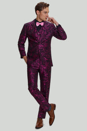 Fucsia Floral 3 Piezas Trajes de Fiesta para Hombre