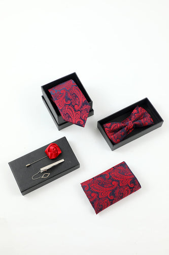 Borgoña Accesorio de 5 piezas Corbata y pajarita Pañuelo de bolsillo