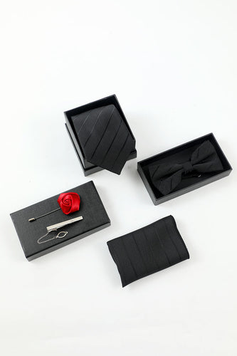 Negro Juego de 5 accesorios de rayas Corbata y pajarita Pañuelo de bolsillo Alfiler de solapa de flor Pasador de corbata