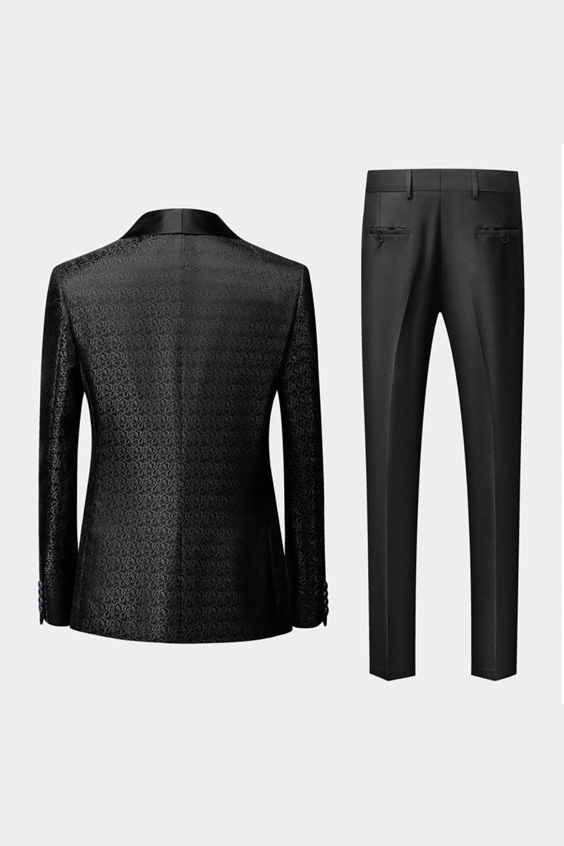 Cargar imagen en el visor de la galería, Chal Negro Solapa Jacquard 3 Piezas Trajes De Hombre