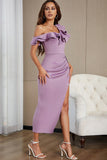 Lilac Ruffles One Shoulder Cocktail Dress with Slit