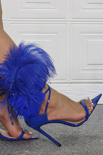 Sandalias de tacón de aguja de punta puntiaguda de pluma azul real