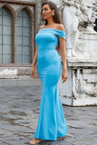 Azul claro del hombro Sirena Vestido largo de baile de graduación
