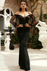 Cargar imagen en el visor de la galería, Black Off the Shoulder Mermaid Long Prom Dress