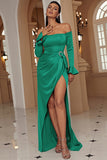 verde fuera de la funda del hombro vestido largo de baile de graduación con hendidura