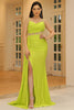 Cargar imagen en el visor de la galería, Correas de espagueti de vaina verde limón recortadas vestido formal con hendidura