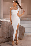 Vestido de cóctel blanco One Shoulder Bodycon Midi con hendidura