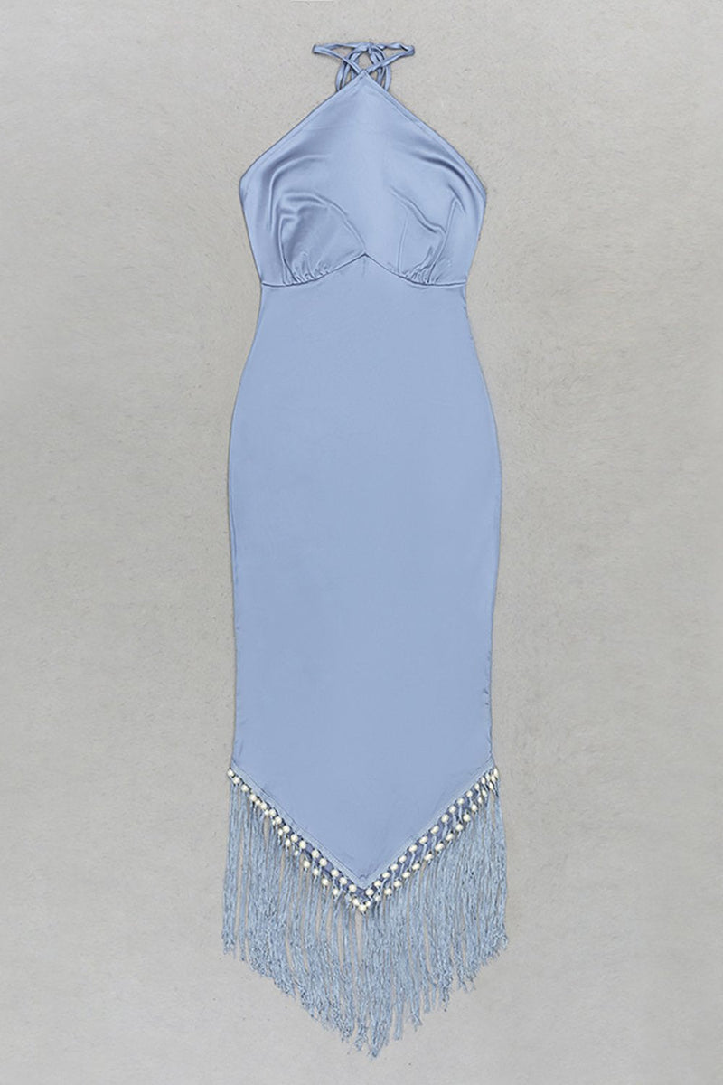 Cargar imagen en el visor de la galería, Dusty Blue Halter Backless Bodycon Cocktail Dress con flecos