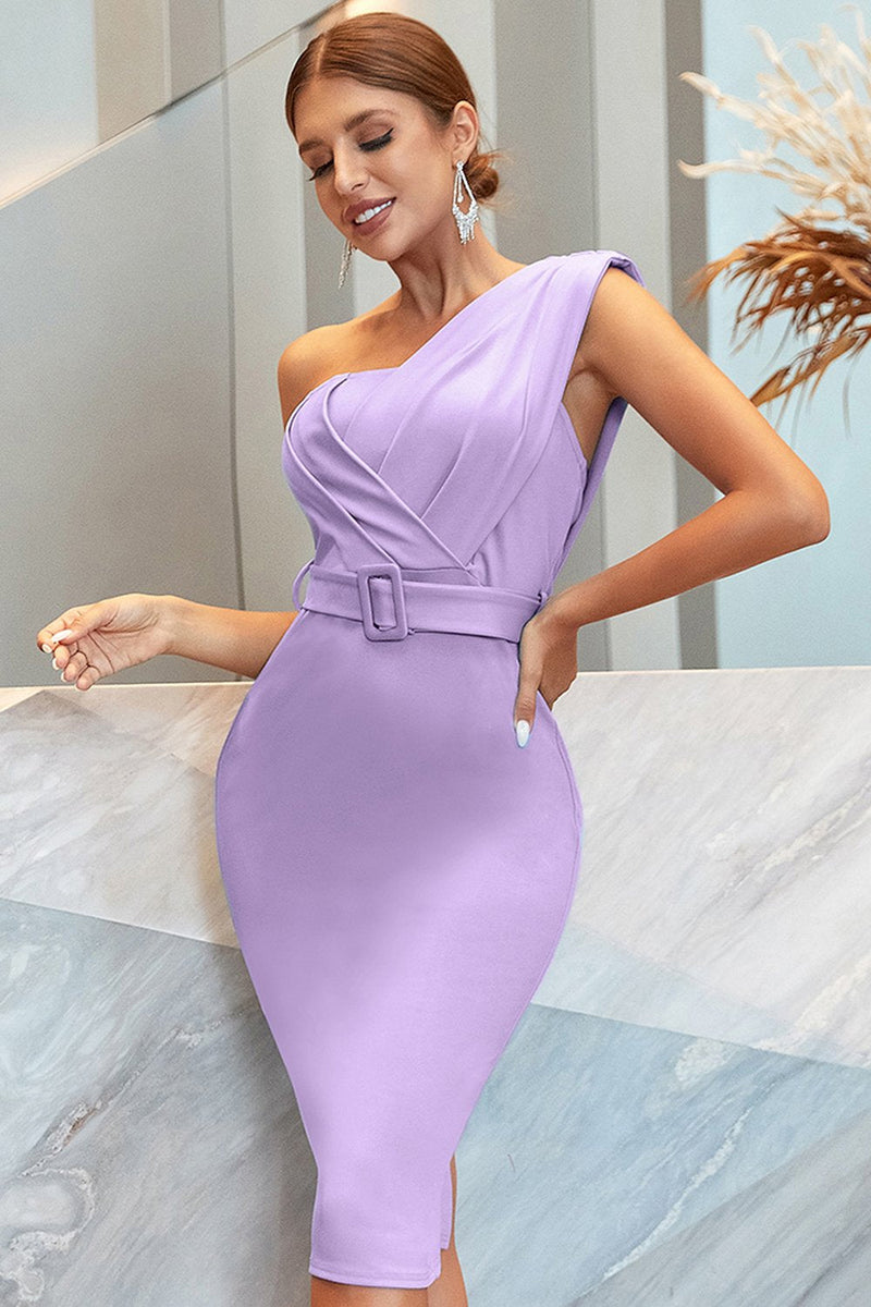 Cargar imagen en el visor de la galería, Lilac One Shoulder Ruched Bodycon Cocktail Dress con cinturón