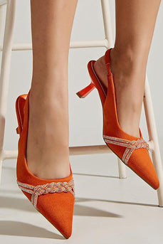 Orange Pointed Toe Rhinestones Kitten Heels Sandalias