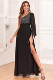 Vestido formal negro brillante de un hombro con lentejuelas