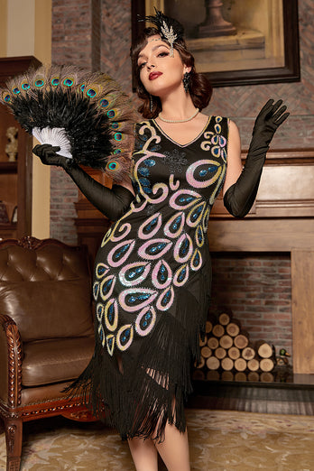 Vestido estilo flapper de los años 20 con cuello en V asimétrico