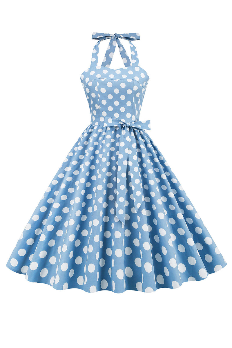 Cargar imagen en el visor de la galería, Halter Blue Polka Dots Vestido de la década de 1950