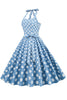Cargar imagen en el visor de la galería, Halter Blue Polka Dots Vestido de la década de 1950