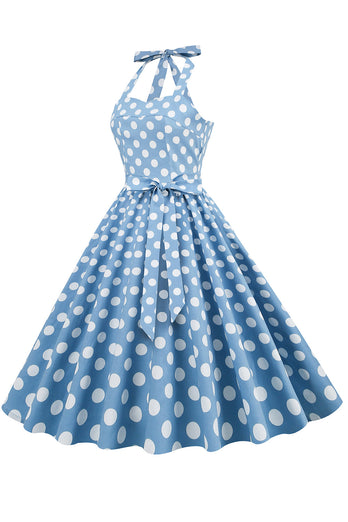Halter Blue Polka Dots Vestido de la década de 1950
