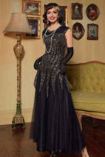 Lentejuelas Negro Dorado Vestido de la década de 1920