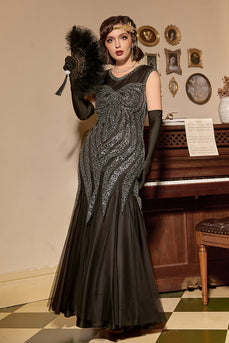 Vestido de lentejuelas negras plateadas largas de la década de 1920