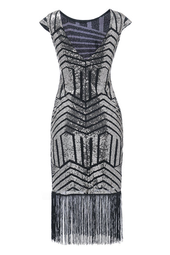 Vestido de cuello redondo plateado de la década de 1920 Flapper