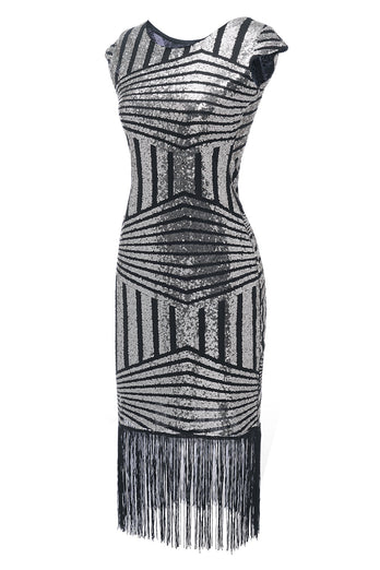 Vestido de cuello redondo plateado de la década de 1920 Flapper
