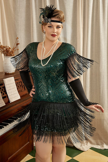 Vestido Gatsby de 1920 verde oscuro talla grande lentejuelas