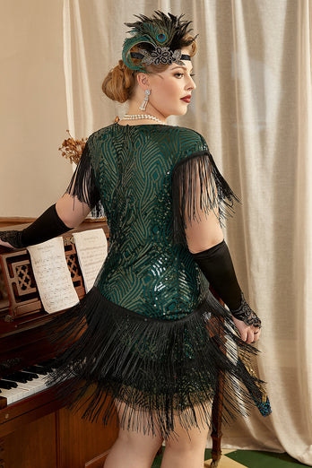 Vestido Gatsby de 1920 verde oscuro talla grande lentejuelas