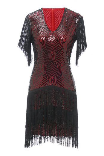 Negro Rojo V Cuello 1920s Vestido Vintage