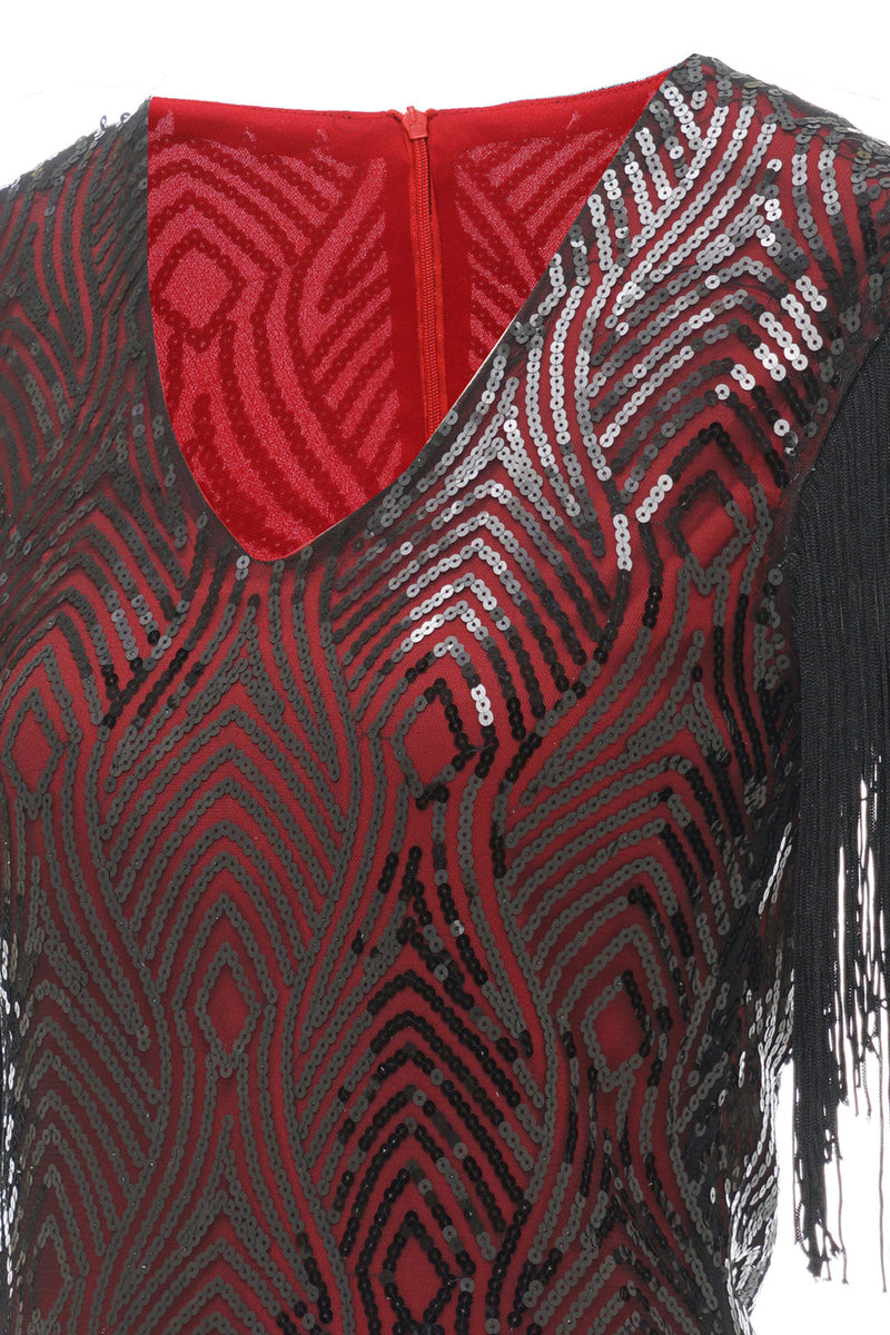 Cargar imagen en el visor de la galería, Negro Rojo V Cuello 1920s Vestido Vintage