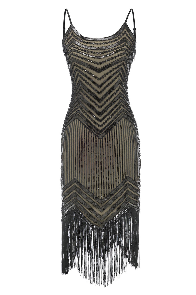 Cargar imagen en el visor de la galería, Tirantes de espagueti Albaricoque Negro Vestido de la década de 1920