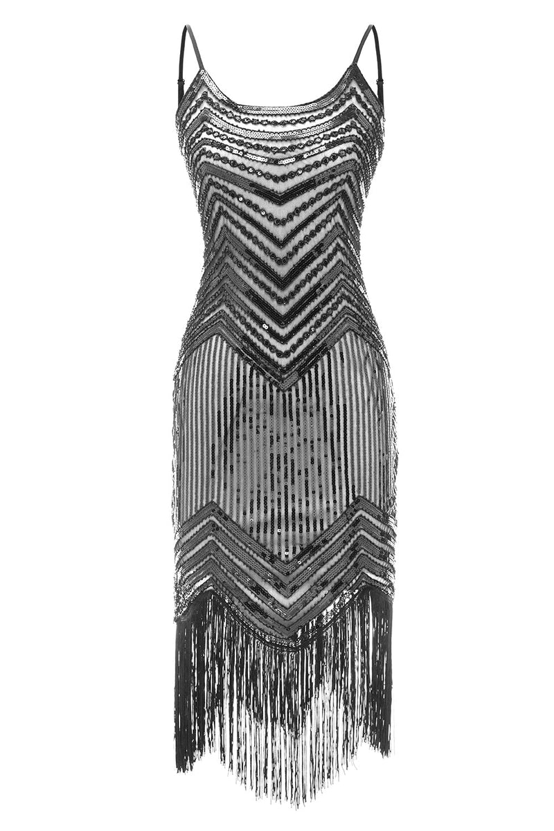 Cargar imagen en el visor de la galería, Bodycon Negro Plata Lentejuelas Vestido 1920s
