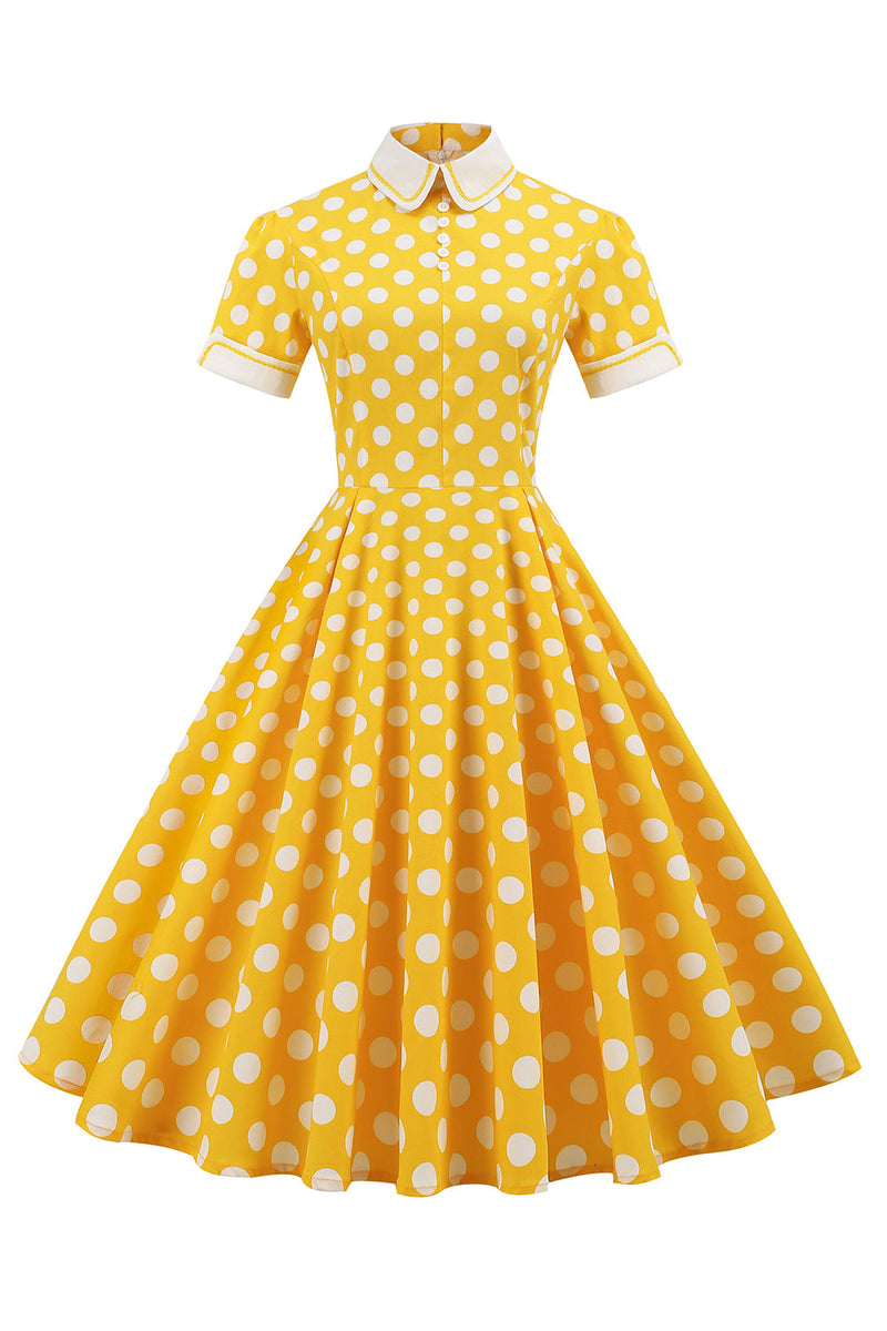 Cargar imagen en el visor de la galería, Vestido amarillo de lunares de primavera de 1950