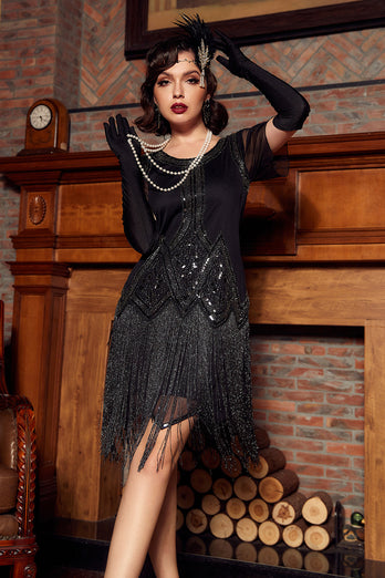 Negro 1920s vestido de lentejuelas con flecos