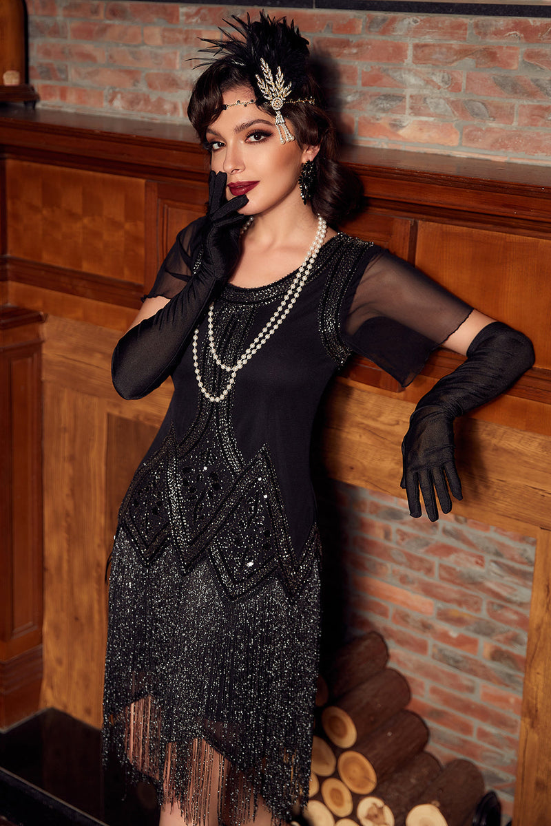 Cargar imagen en el visor de la galería, Negro 1920s vestido de lentejuelas con flecos