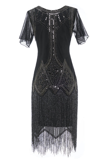 Negro vestido vintage de lentejuelas con flecos