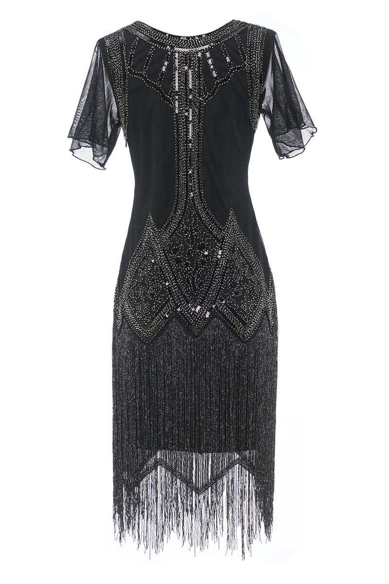 Cargar imagen en el visor de la galería, Negro vestido vintage de lentejuelas con flecos