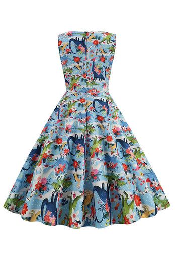 Vestido Floral Azul Claro Vintage 1950s