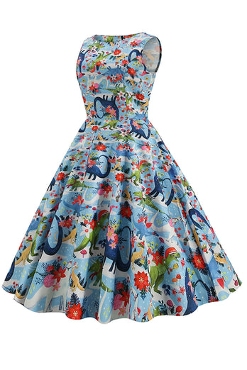 Vestido Floral Azul Claro Vintage 1950s