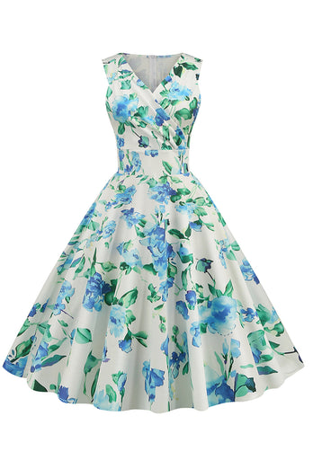 V Cuello Azul Claro 1950s Vintage Dress