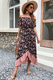 Vestido de verano con estampado negro off the shoulder