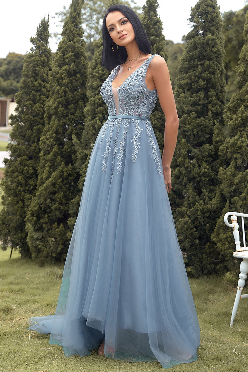 Cargar imagen en el visor de la galería, Azul Vestido largo de fiesta con apliques