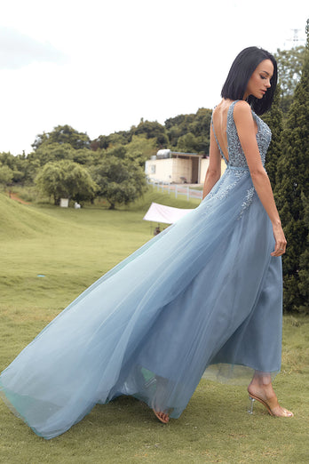 Azul Vestido largo de fiesta con apliques