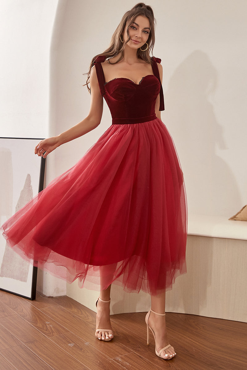 Cargar imagen en el visor de la galería, Vestido de tul burdeos de regreso a casa con Bowknot