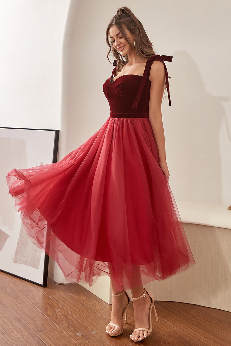 Cargar imagen en el visor de la galería, Vestido de tul burdeos de regreso a casa con Bowknot