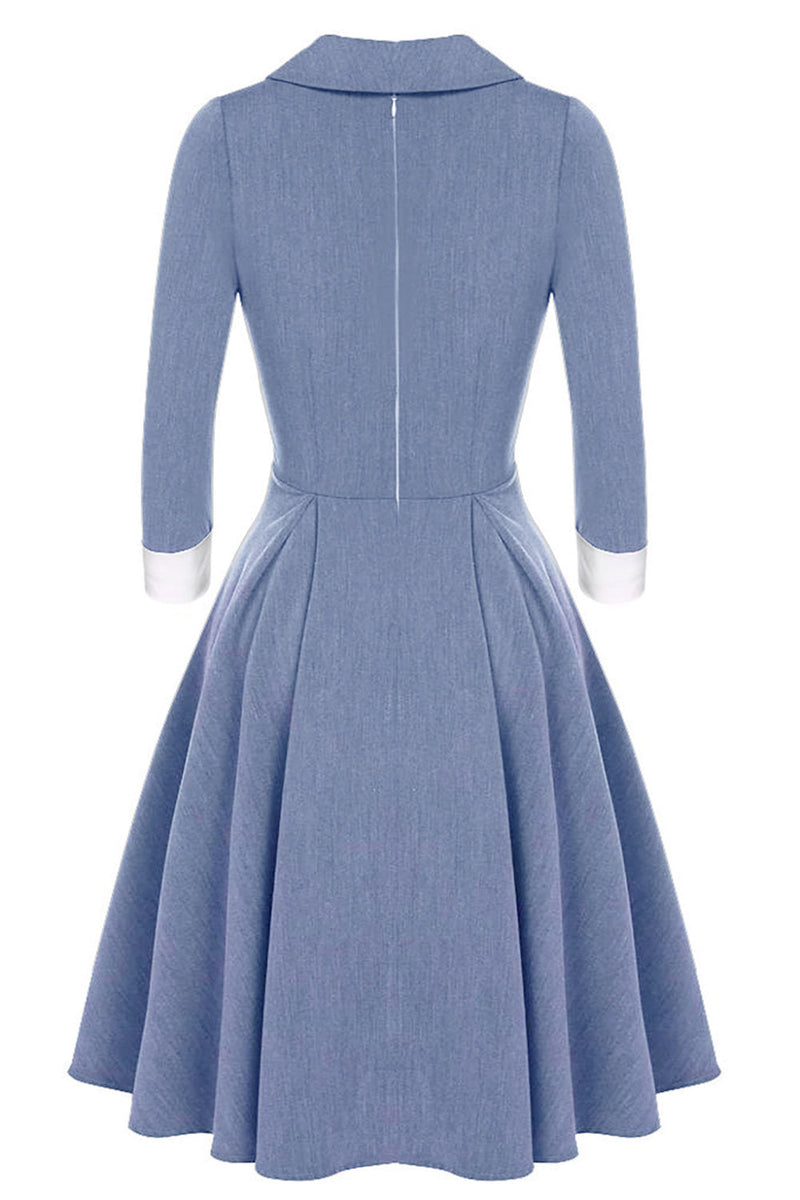 Cargar imagen en el visor de la galería, Vestido swing azul gris de la década de 1950 con mangas largas