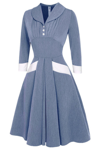 Vestido swing azul gris de la década de 1950 con mangas largas