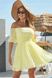 Lindo Una línea de vestido de cóctel amarillo con hombros descubiertos
