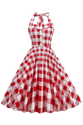 Vestido swing a cuadros rojos Halter de la década de 1950