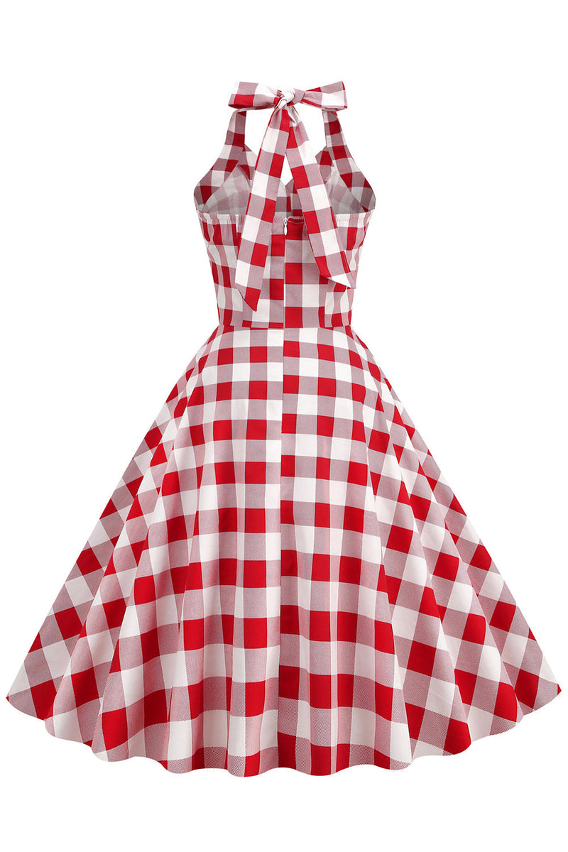 Cargar imagen en el visor de la galería, Vestido swing a cuadros rojos Halter de la década de 1950